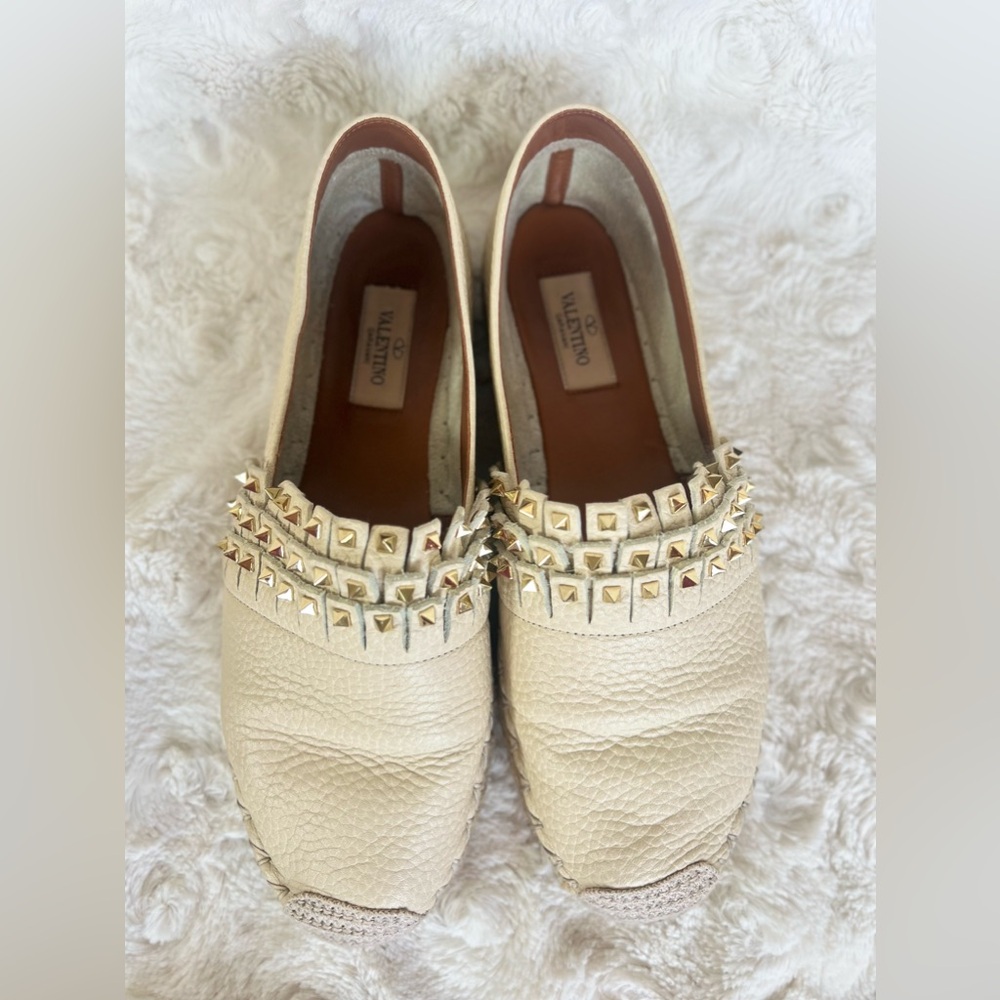 Valentino Rockstud Leather Espadrille Platform Flats
